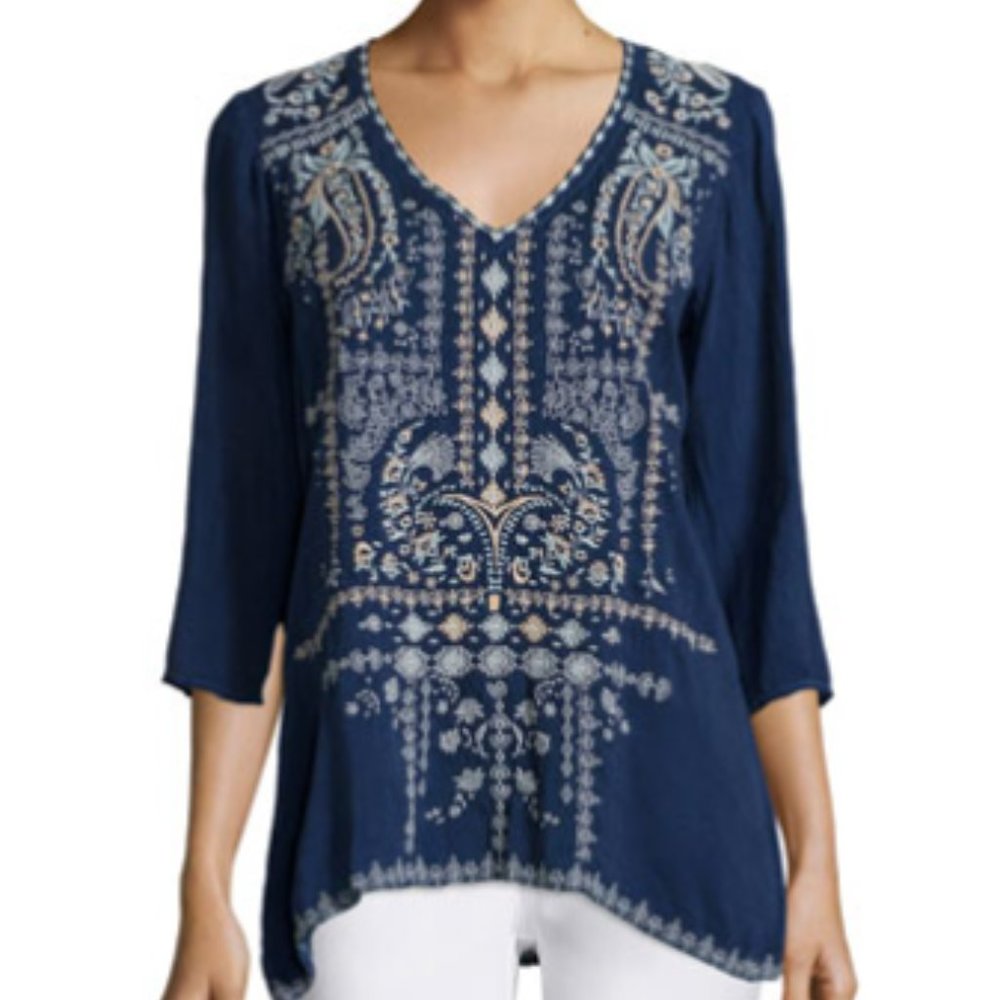 Johnny Was Paizyn 3/4-Sleeve Embroidered Blouse, Blue Night Sold Out - Picture 1 of 11